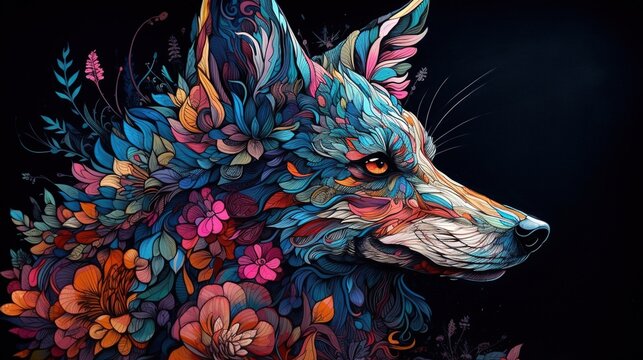  a painting of a wolf with flowers on it's head.  generative ai