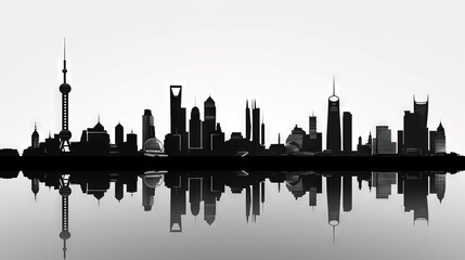  a black and white photo of a city skyline with a reflection in the water.  generative ai