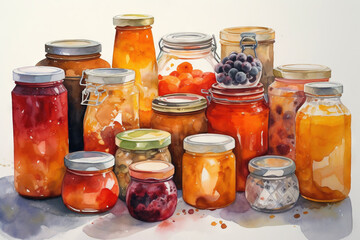 Fototapeta na wymiar a painting of a bunch of jars of fruit and vegetables. generative ai