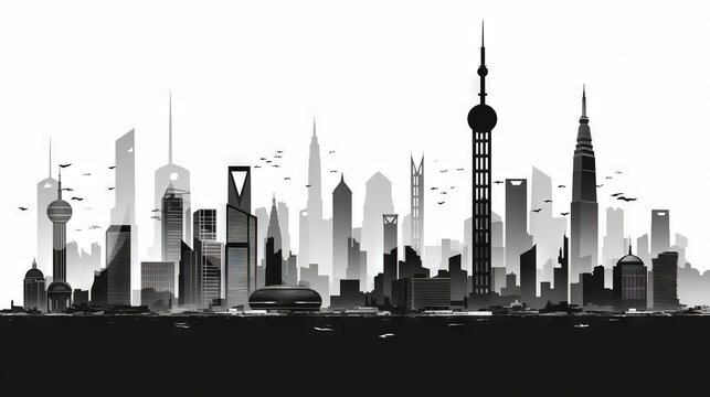  a black and white picture of a city with tall buildings.  generative ai
