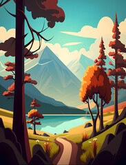 Minimal nature art, Mountains landscape with trees illustration