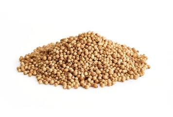 dry coriander seed spice isolated on white background. pile of dry coriander seed isolated. heap of coriander seed food isolated background         