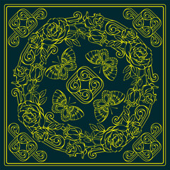 Botanical square pattern with roses and butterflies. Floral Bandana. Vector.