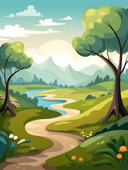 Fototapeta na wymiar Minimal nature art, Mountains footpath landscape with trees illustration