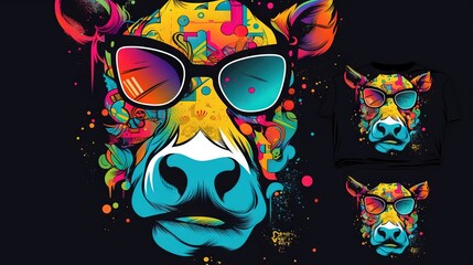  a cow wearing sunglasses and a t - shirt with a colorful design.  generative ai