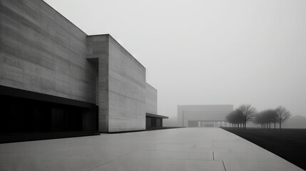  a black and white photo of a building with a foggy sky.  generative ai