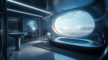  a futuristic bathroom with a round window and a bathtub.  generative ai