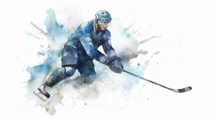  a watercolor painting of a hockey player in blue uniform.  generative ai