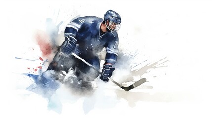  a watercolor painting of a hockey player with a stick.  generative ai