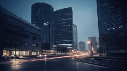 Fototapeta na wymiar a city street at night with buildings and a street light. generative ai