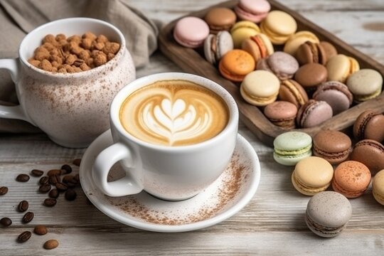  a cup of cappuccino next to a tray of macaroons.  generative ai