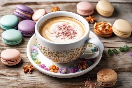  a cup of cappuccino on a saucer surrounded by macaroons.  generative ai