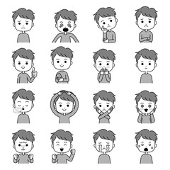 身振り付きのいろいろな表情の男性のイラスト　モノクロ