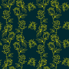 Bumblebees and roses. Seamless pattern with garden flowers. Vector illustration.
