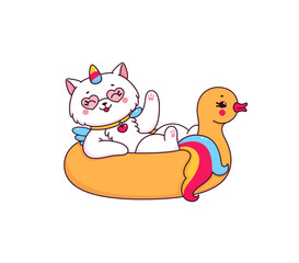Cartoon cute caticorn character on the duck float. Kawaii personage of vector unicorn cat or kitty animal with heart sunglasses and rainbow horn. Happy caticorn character having fun in swimming pool
