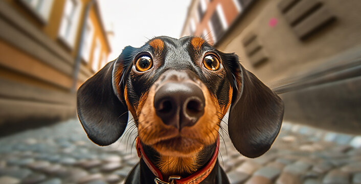 Cute dachshund dog in a paved street looking at the camera.  Generative AI
