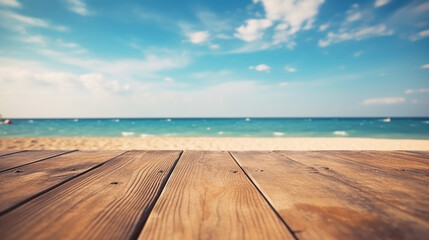 Fototapeta na wymiar Summer concept. serene blue sky and crystal-clear waters create perfect tropical background for summer beach vacation, with empty wooden pier adding touch of rustic charm to sunny scene. Generate AI