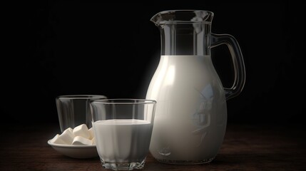 Obraz na płótnie Canvas a pitcher of milk and two glasses of milk on a table. generative ai