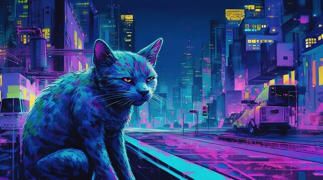  a painting of a cat sitting on a train track in a city.  generative ai