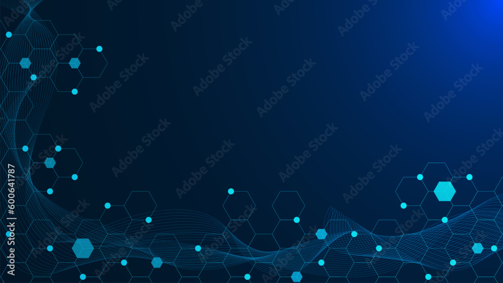 Poster abstract hexagonal with glowing particle and wave flow for medical, technology and science backgroun