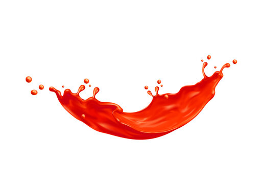 Tomato ketchup wave flow splash. Ketchup sauce, fresh tomato juice or juicy beverage falling isolated vector ripples. Red paint jet drip or realistic splash fizz with droplets