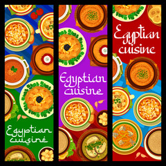 Egyptian cuisine restaurant meals banners. Zaalouk eggplant salad, Harira Ramadan and Balik corbasi fish soup, Bissara pureed broad beans, Kesra bread and trotter, legume and fish soups, Imjadra