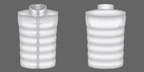 3d puffer warm vest vector mockup. Isolated white winter waistcoat on transparent background. Male front and back sleeveless jacket design set mock up template. Adult padded quilted outerwear. © klyaksun