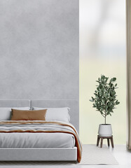 3D rendering moden bedroom with raw concrete ,wooden floor,big window ,empty wall for copy space	
