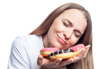 Smiling woman with donuts. pleasure and diet. Isolated on white background. Close-up.