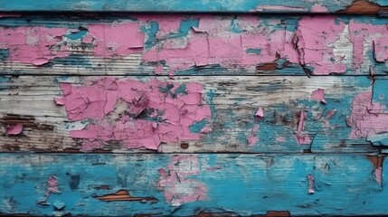  a close up of a blue and pink wall with peeling paint.  generative ai