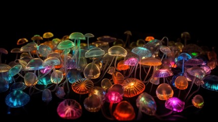  a group of jellyfish glowing in the dark with a black background.  generative ai