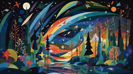  a painting of a colorful forest with trees and stars in the sky.  generative ai