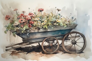 Fototapeta na wymiar a watercolor painting of a wheelbarrow filled with flowers. generative ai