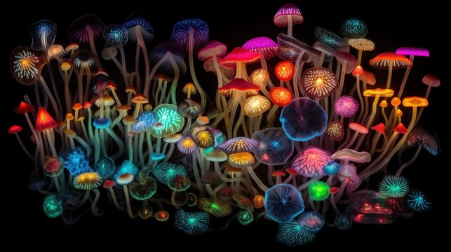  a group of colorful mushrooms on a black background with a black background.  generative ai