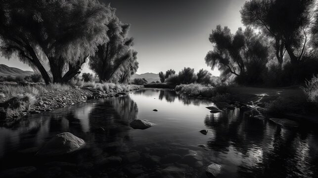  a black and white photo of a river with trees in the background.  generative ai