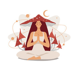 Meditating woman with fly agaric mushrooms, concept of microdosing, mystical esoteric practices. Vector flat cartoon illustration isolated on white.