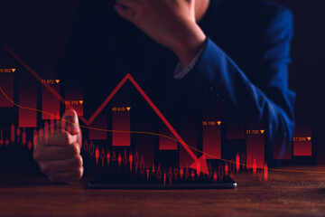 Property values ​​are steadily declining. Unhappy businessman, business downturn. company...