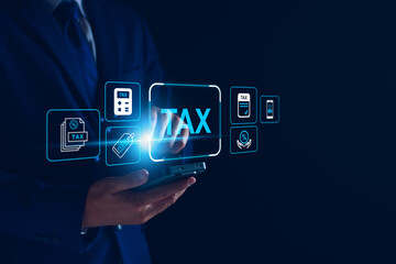 Tax deduction planning concept. Businessman calculating business balance prepare tax reduction. taxes paid by individuals and corporations such as VAT, income and property tax.