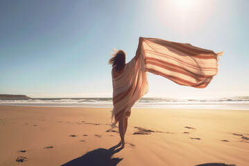 Full length woman waving a long towel flying in the wind on the beach on a sunny day, a woman enjoying vacations in the sea and sand on a deserted beach. Generative AI