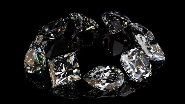 Ten diamonds of various shapes rotating on black glossy background. Seamless loop 3d animation