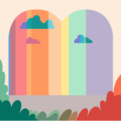 LGBT rainbow background scene. Cartoon backdrop template for gay and lesbian design concept. Abstract beautiful scenic stage in astel colors. Flat vector