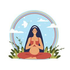 Obraz na płótnie Canvas Yoga for pregnant women outside. A pregnant woman meditates in the lotus position against the background of the sky, grass and a rainbow. Symbol of healthy lifestyle, fitness, mind balance. Flat