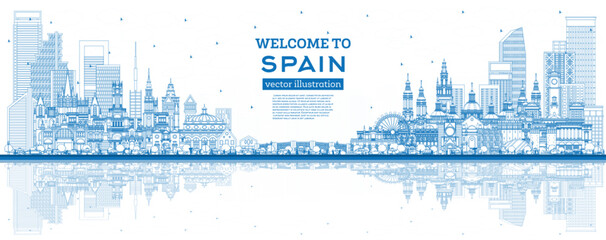 Welcome to Spain. Outline City Skyline with Blue Buildings and Reflections. Historic Architecture. Spain Cityscape with Landmarks.