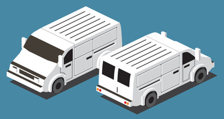 Isometric Commercial Vehicle. White Van on Blue Background. Front and Back View.
