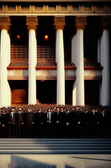 The figures in the foreground are dressed in dark suits, with their faces obscured by shadows, suggesting that they are part of a secret and powerful organization that operates in the shadows.