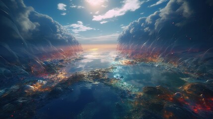 Fototapeta na wymiar a digital painting of a blue ocean with clouds and a bright sun. generative ai