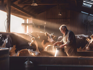 Obraz na płótnie Canvas Elderly Cattle Farmer in the Dairy Barn with a Milk Bucket. Created with generative ai technology