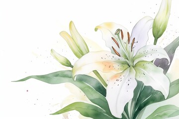  a painting of a white lily with green leaves on a white background.  generative ai