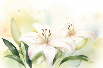  a painting of three white lilies with green leaves on a white background.  generative ai