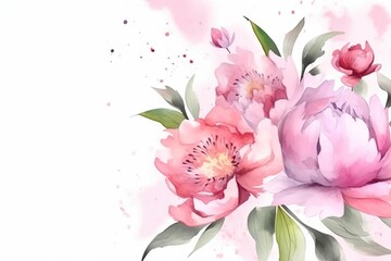  a painting of pink flowers with green leaves on a white background.  generative ai